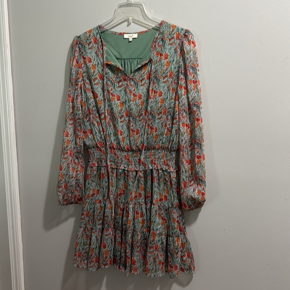 Easel Smocked Chiffon Layer Dress - Mint/Tangerine - Picture 2 of 6